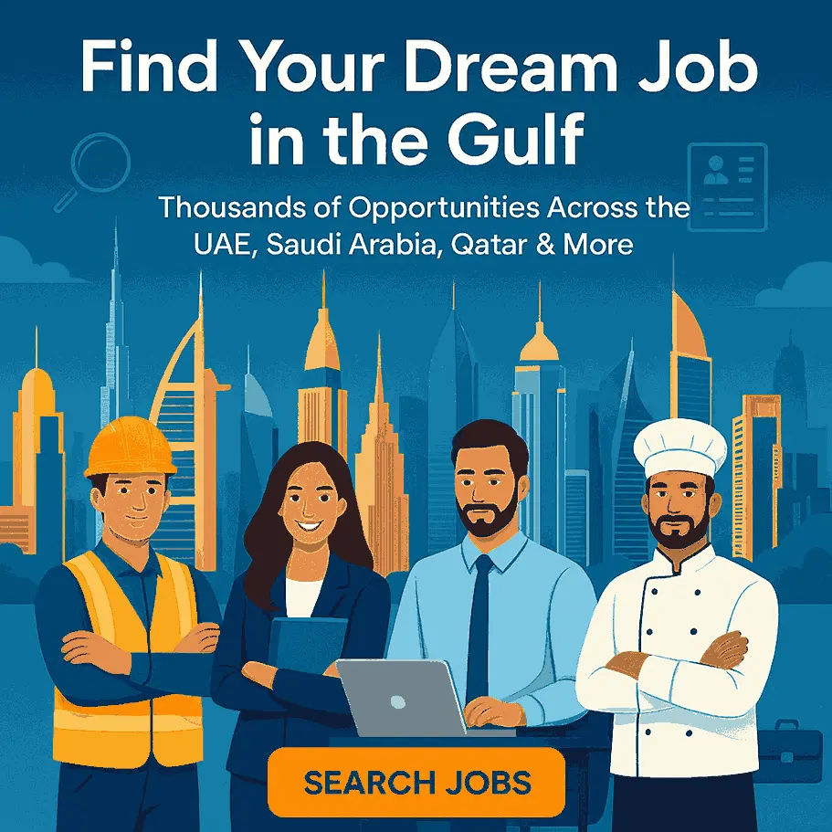 A professional hero banner for Gulf Job Hunt featuring Gulf city skylines, diverse professionals in formal and trade attire, and a bold headline promoting job opportunities in the UAE, Saudi Arabia, Qatar, and other Gulf countries, with a call-to-action button to search jobs.
